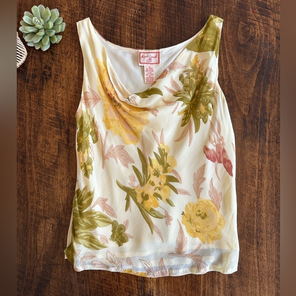 April Cornell | Vintage Butter Yellow Floral Cowl Neck Double Layer Tank Top